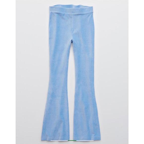 aerie Pants - Aerie Groove On Sky Blue Velour Ribbed High Waisted Flare Pants- Size Large